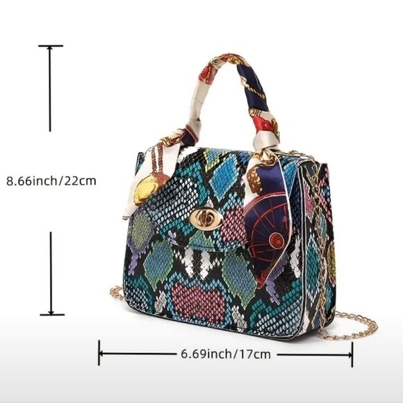Women's Mini Snakeskin Embossed Handbag, Twilly Scarf Decor Flap - Picture 3 of 12